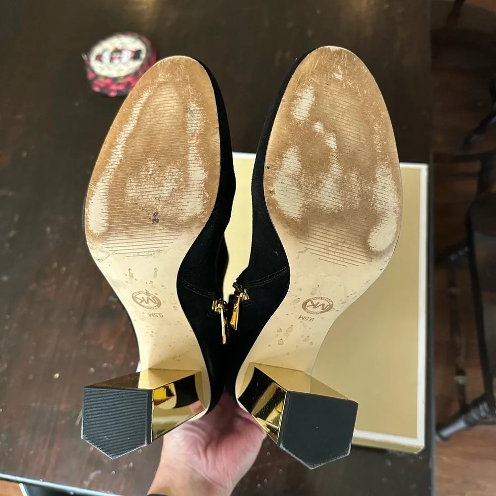 Michael Kors Black Suede Petra Booties with Gold Block Heel - Picture 3 of 5